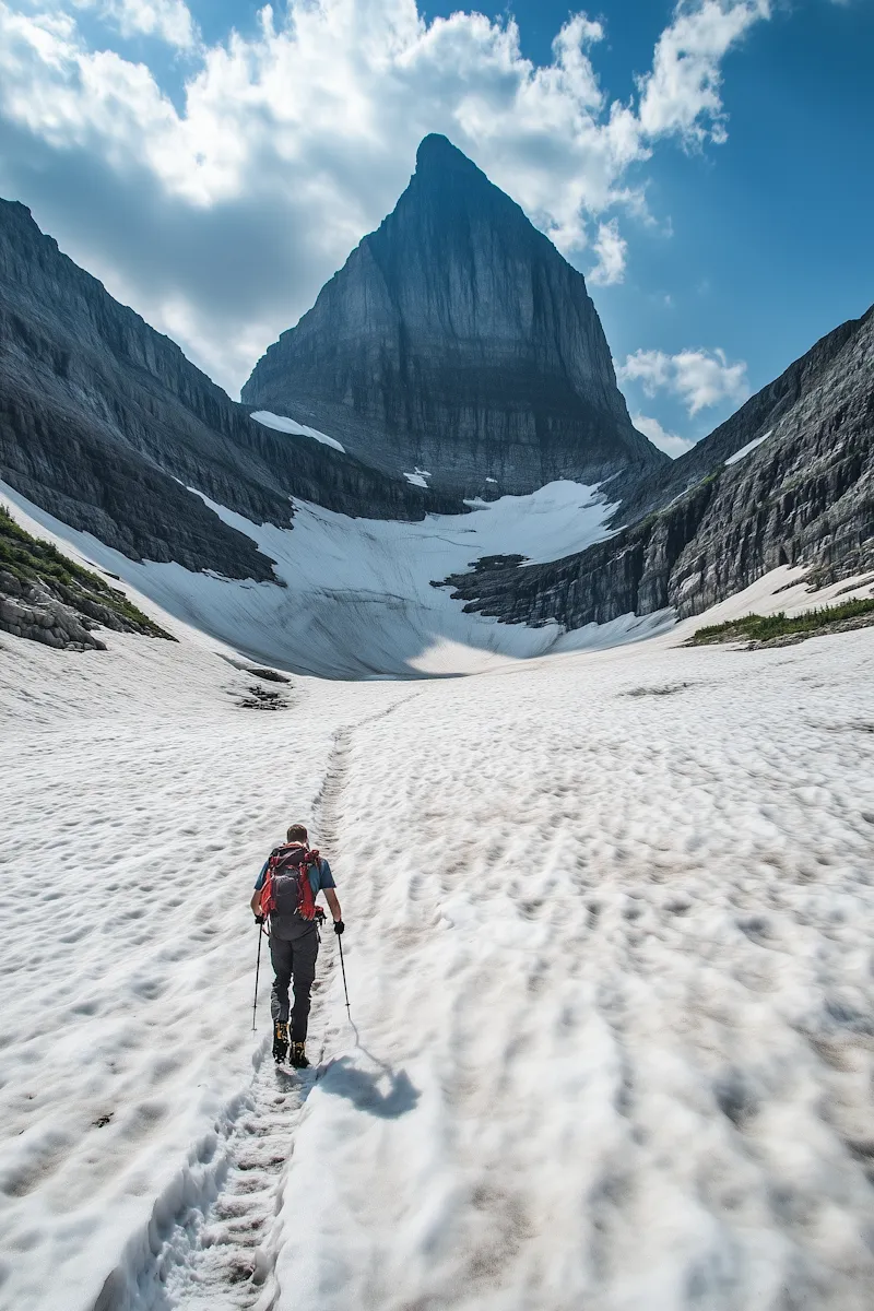 Hiker with poles walking on snow toward a sharp mountain peak