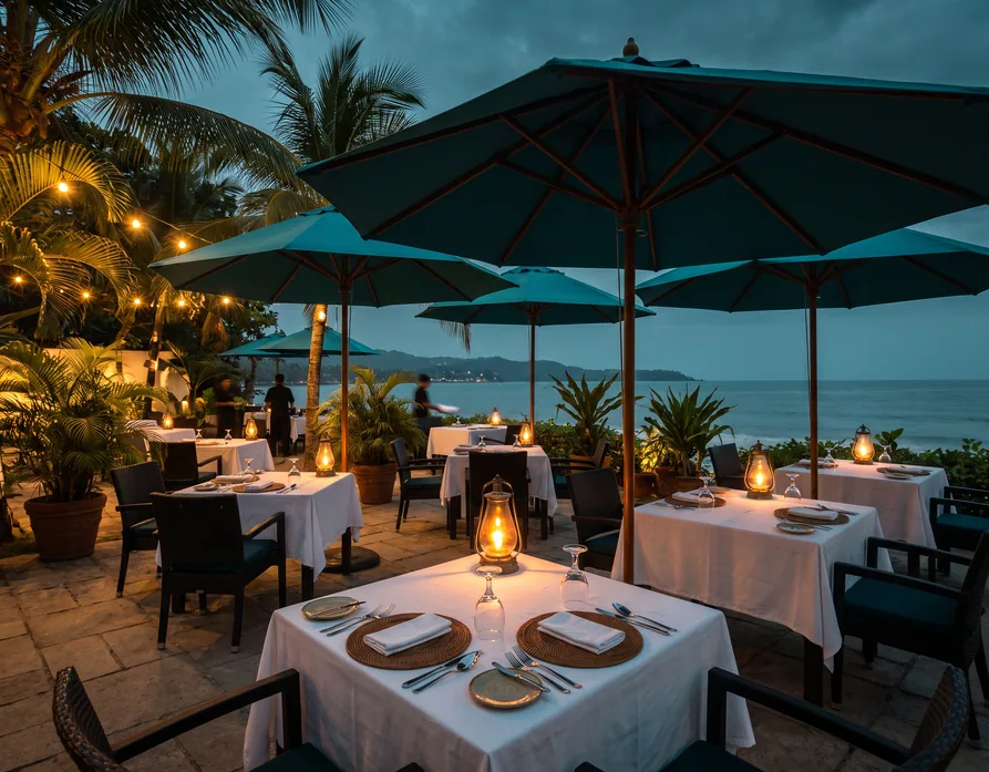 Restaurant terrace with tables set for dinner