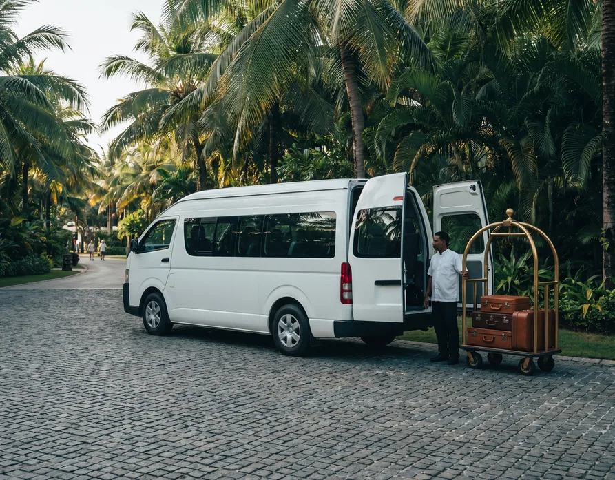 Transfer van with luggage trolley at a resort entrance