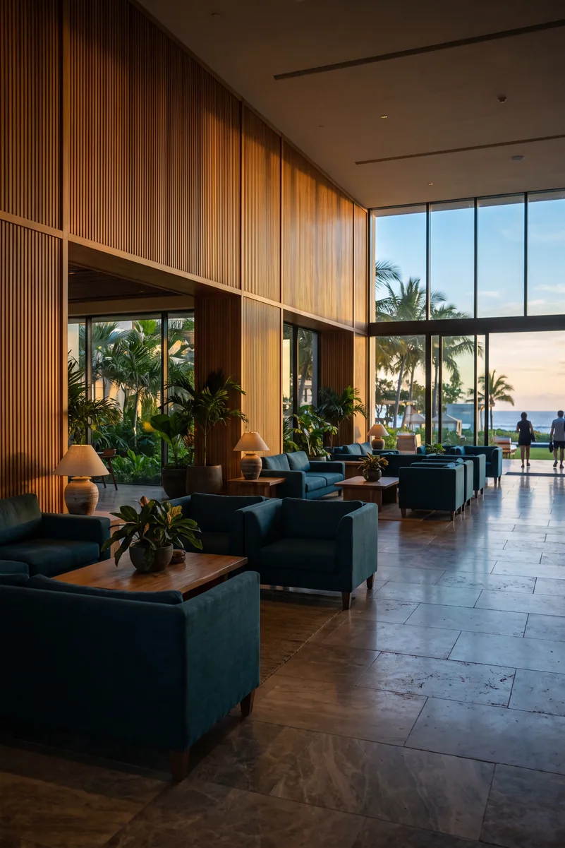 Hotel lobby with ocean view at dusk