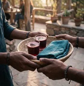 Hands offering a woven welcome tray