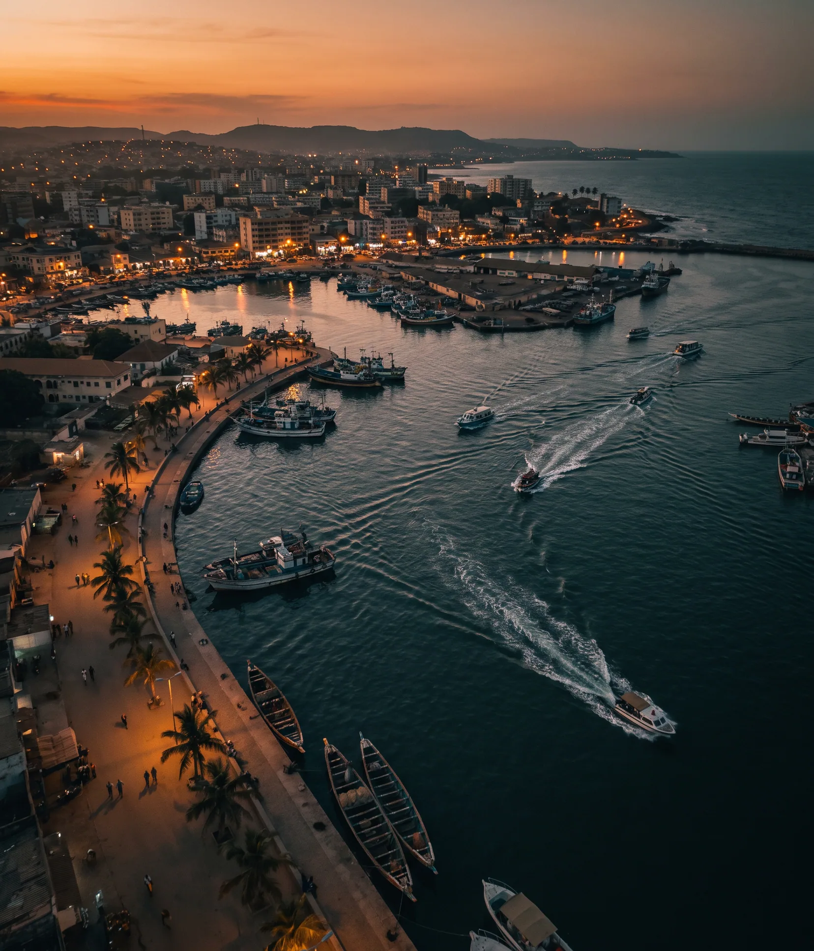 Coastal city skyline at golden hour